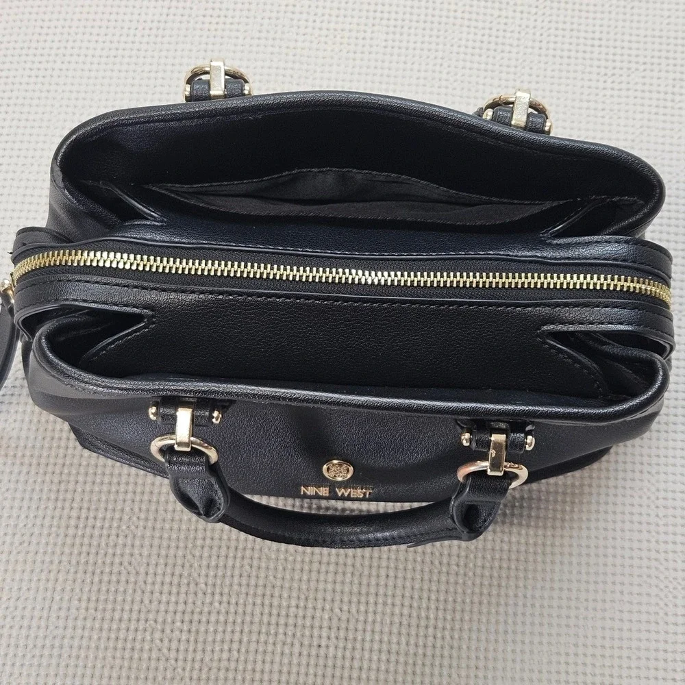 Nine West Black Pebbled Faux Leather Satchel Bag Gold Hardware Three Compartment